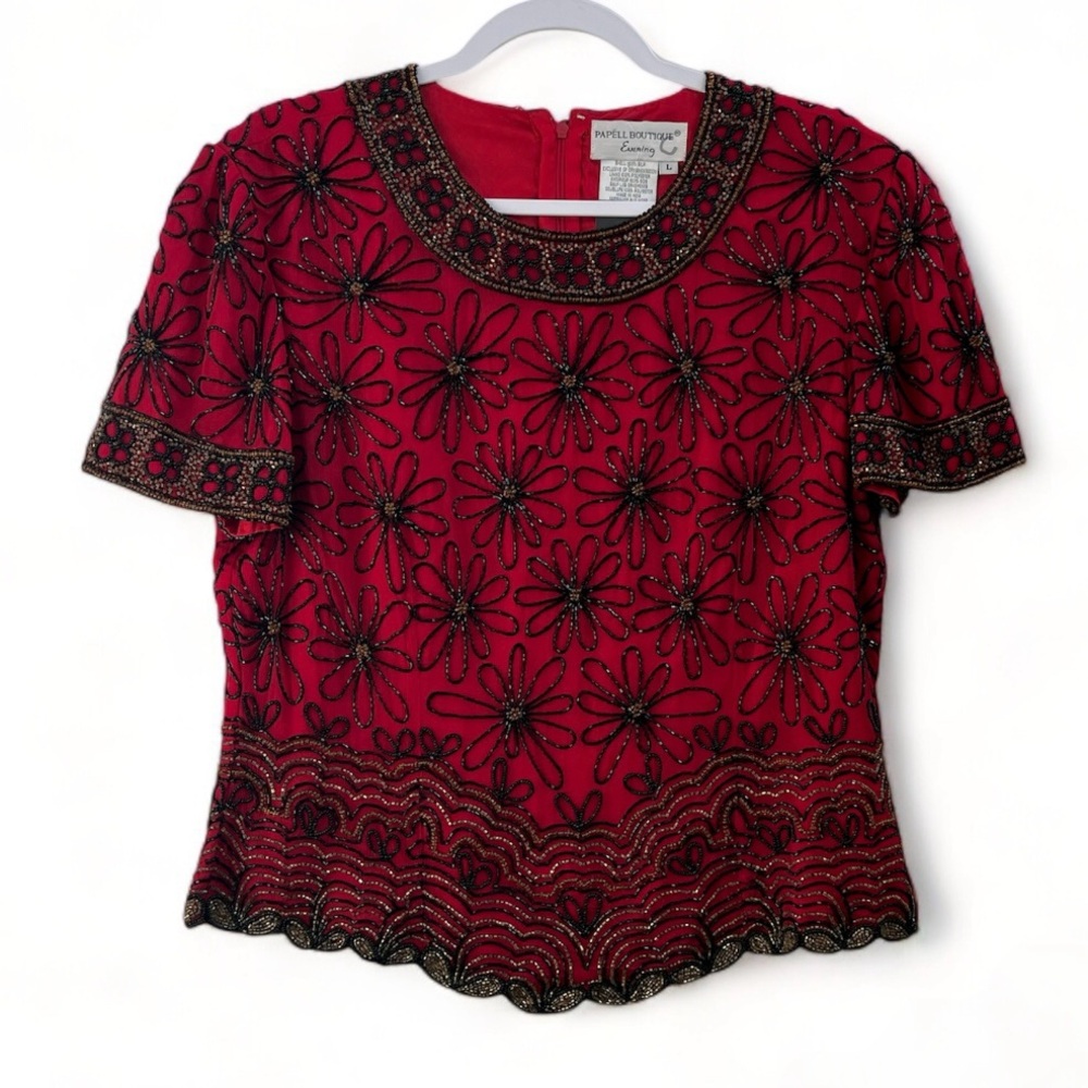 Vintage Papell Boutique Evening Beaded Silk Floral Top Blouse Women's Size Large